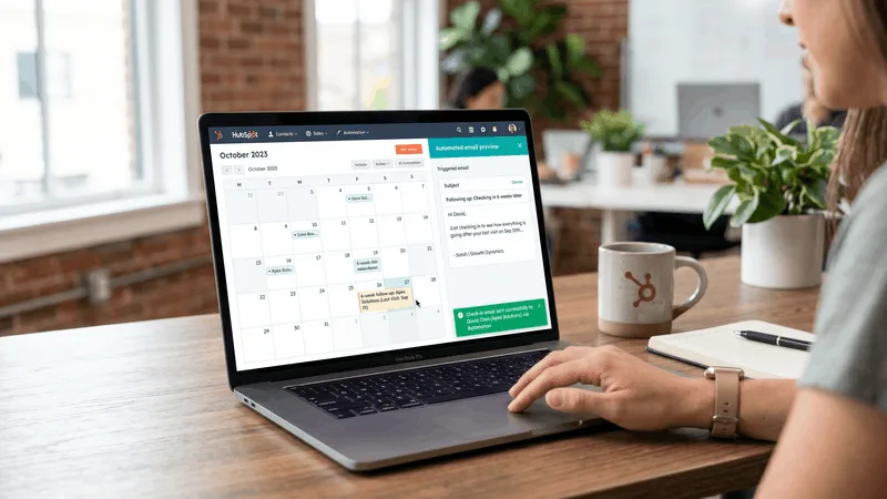 Calendar reminder triggering a check-in email to a customer six weeks after their last visit