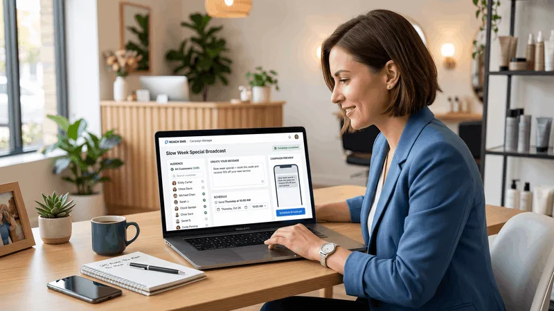 Business owner scheduling a slow-week SMS broadcast to their full customer list
