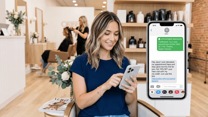 Customer forwarding a referral discount link to a friend after rebooking a service