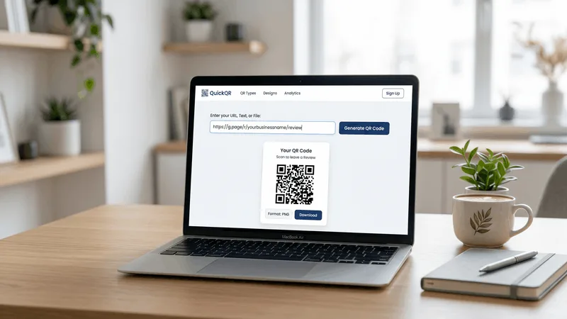 Free online QR code generator screen with a Google review link pasted in