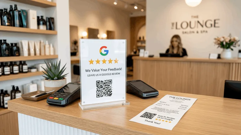 QR code printed on a receipt and a small counter sign at checkout