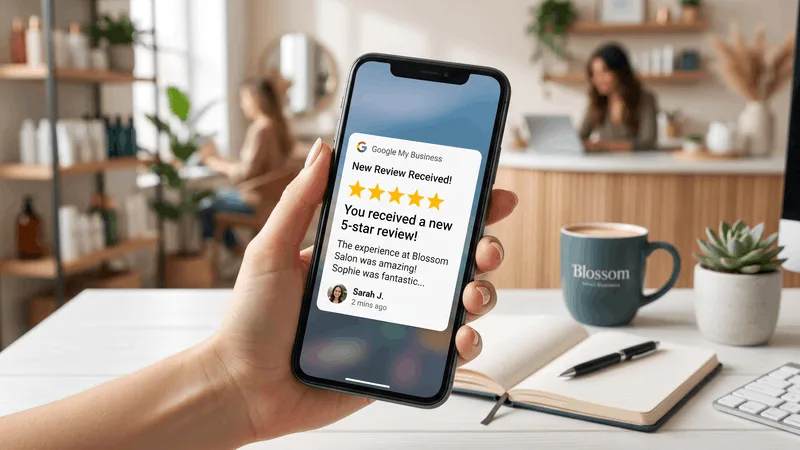 Smartphone showing a notification for a new five-star Google review
