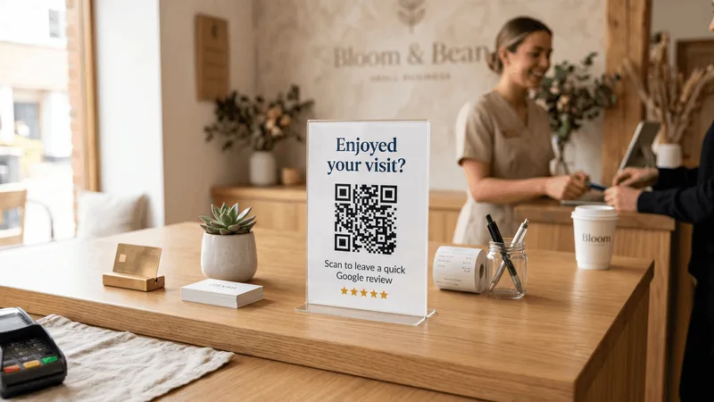QR code sign with a short prompt asking customers to leave a quick review
