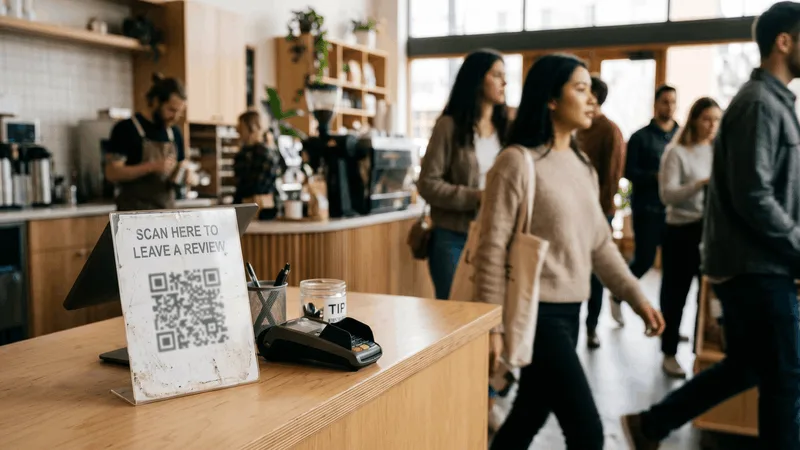 A faded, hard-to-scan QR code sign that customers are walking past without noticing