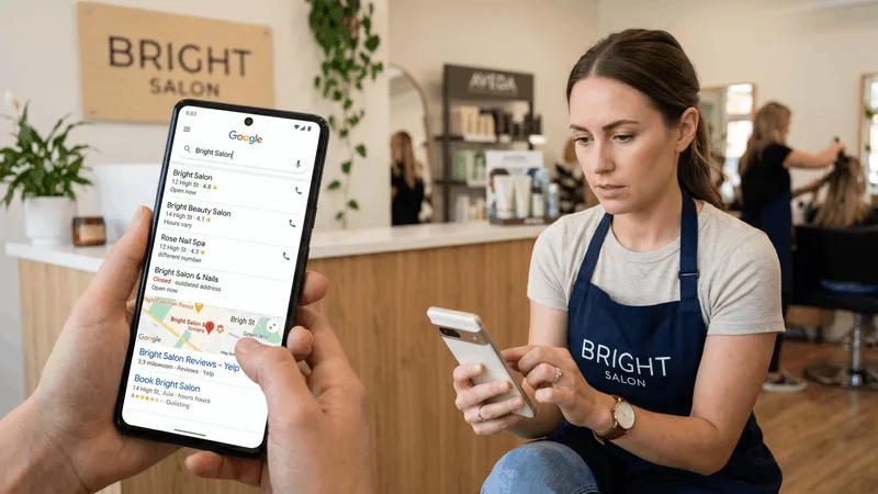 Small business owner typing their own business name into a search bar on a phone to see every listing that comes up