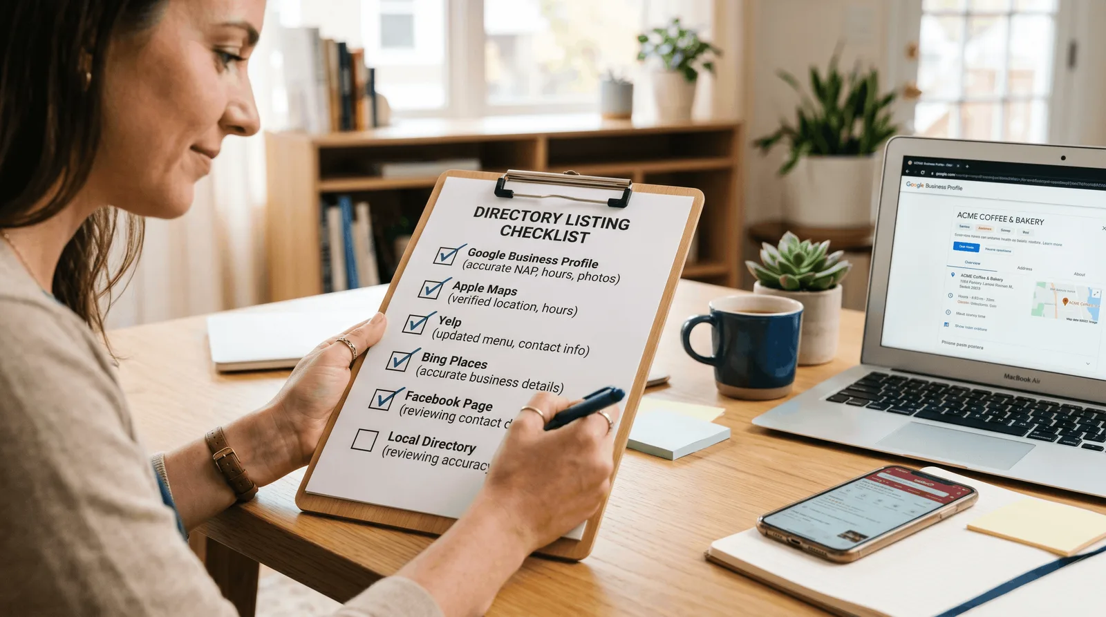 Checklist of directory listings being checked off one by one on a clipboard