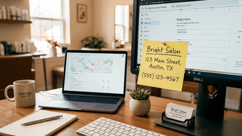 Sticky note pinned to a monitor with the exact business name, address, and phone number written out