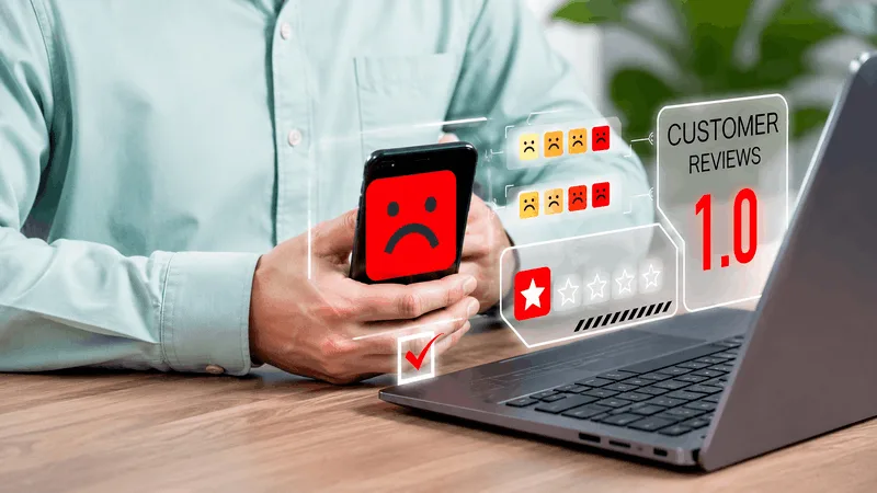 Frustrated business owner typing a long defensive reply to a negative review