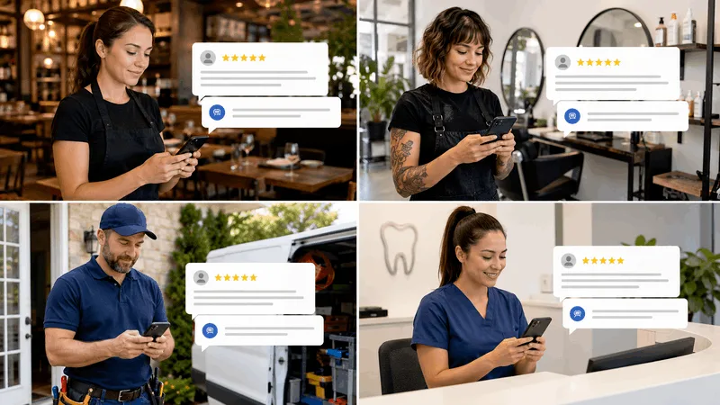 Four local business owners, a server, a stylist, a plumber, and a dental receptionist, each replying to a review on their own phone
