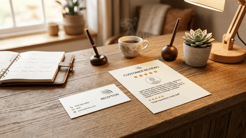 Business card with a direct phone number placed next to a printed customer review