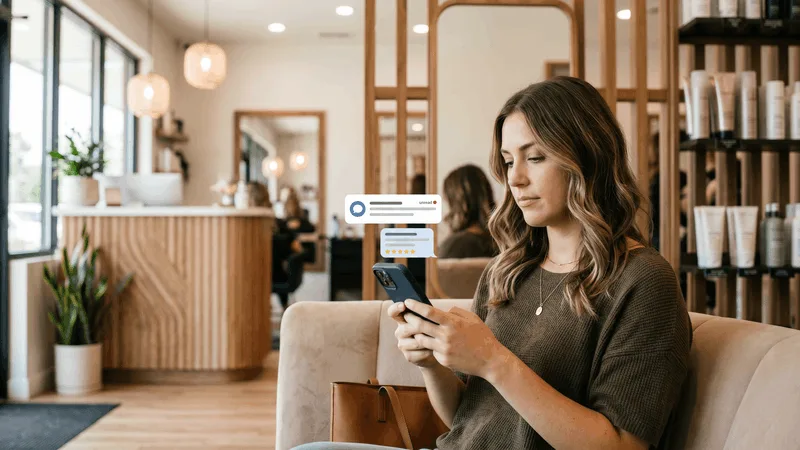 Salon client glancing at an unread generic review request text without responding