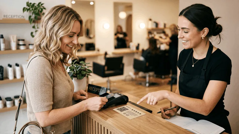 Salon front desk with a small review request card next to the card reader