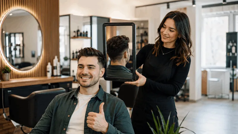 Salon stylist holding up a mirror to show a client their finished color result