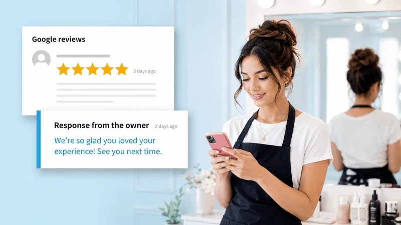 Phone screen showing an automated text message asking for a Google review the day after a salon appointment